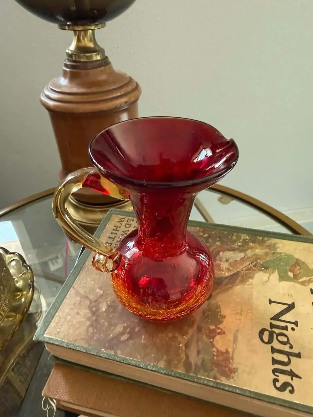 Vintage Hand Blown Amberina Crackle Glass Pitcher Red Yellow Handle Art Glass
